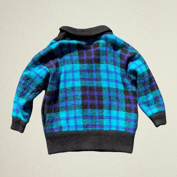 Vintage 1980s men’s blue plaid cardigan sweater shawl collar, retro prep grunge - Picture 2 of 10